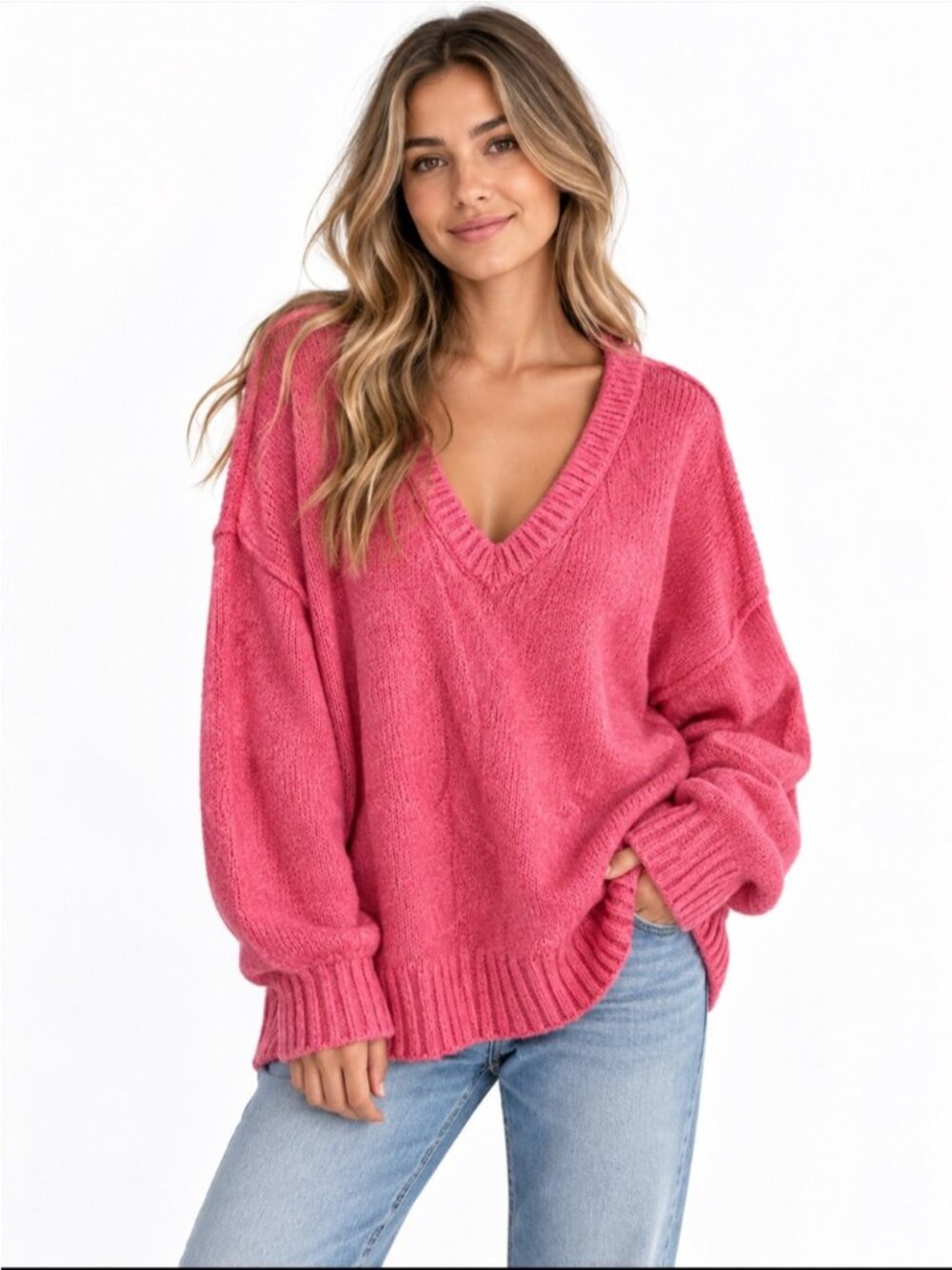 Free People Brookside Tunic Sweater Pink Oversized V Neck Cotton Blend Small